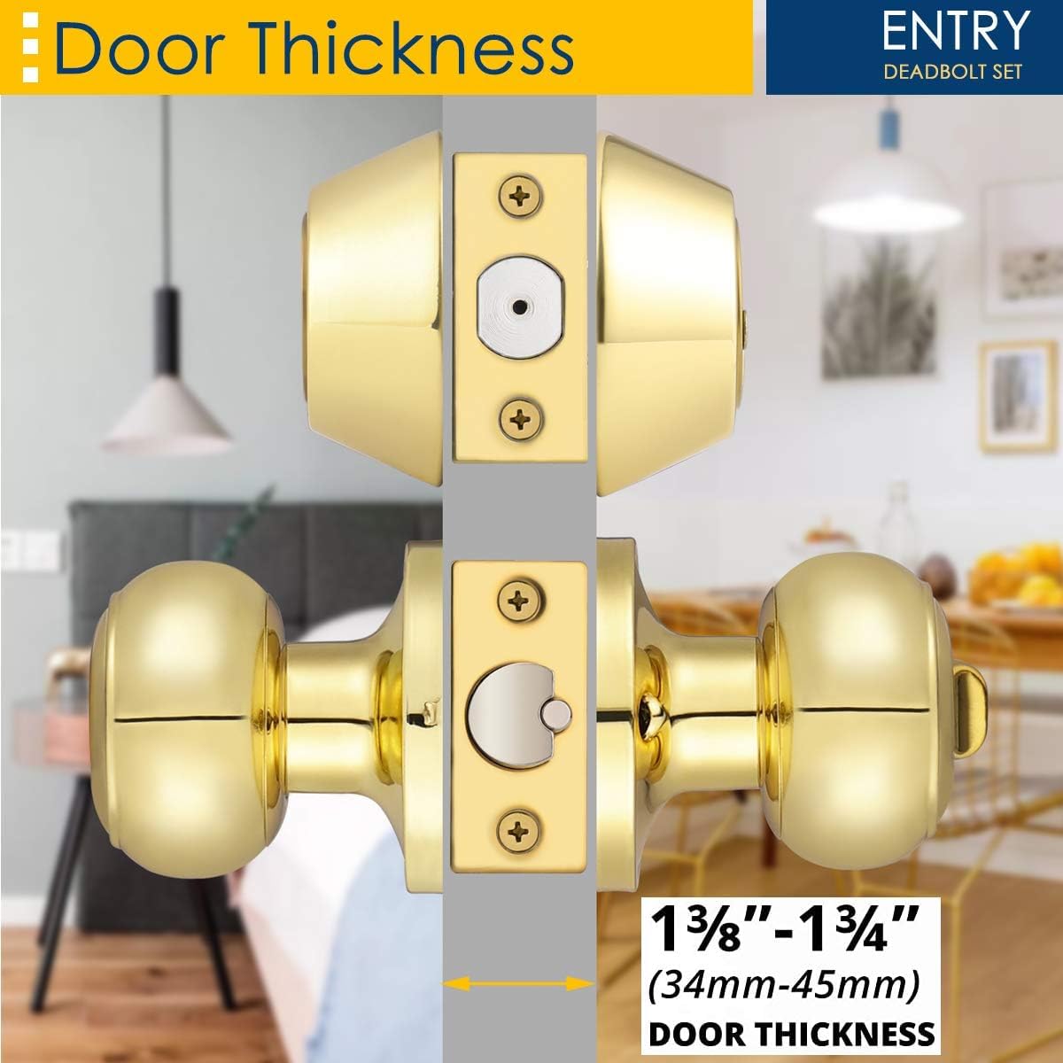 Brotima 4 Pack Round Polished Brass Entry Door Knobs and Deadbolt Combination Set, Double Cylinder Deadbolt Door Lock Set, Keyed Alike, ANSI Grade 3 Security, 250,000 Cycles