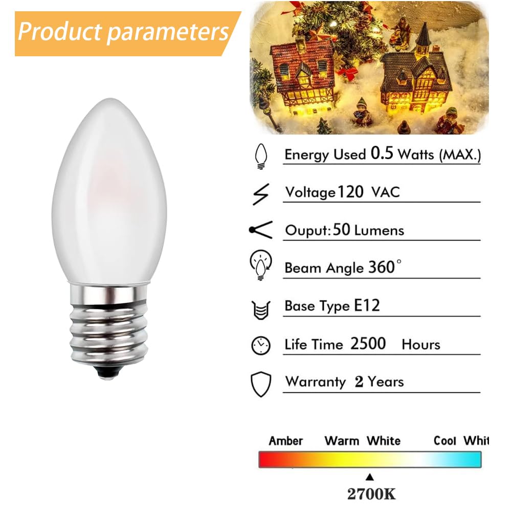 C7 Candelabra Led Light Bulbs, Small Night Light Bulb,0.5W Equivalent to 4 Watt 5 Watt Incandescent,Christmas Village Replacement Bulbs-E12 Base 2700K Warm White for Home Decorate Window Candles-6Pack