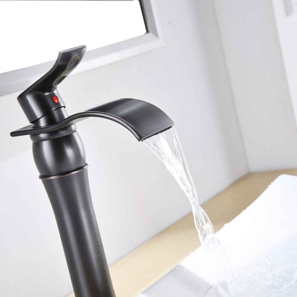 BWE Vessel Sink Faucet Oil Rubbed Bronze Farmhouse Waterfall Single Hole Bathroom Faucet with Pop Up Drain Without Overflow and Supply Line Bath Basin Single Handle Faucets Sink Lavatory Mixer Tap