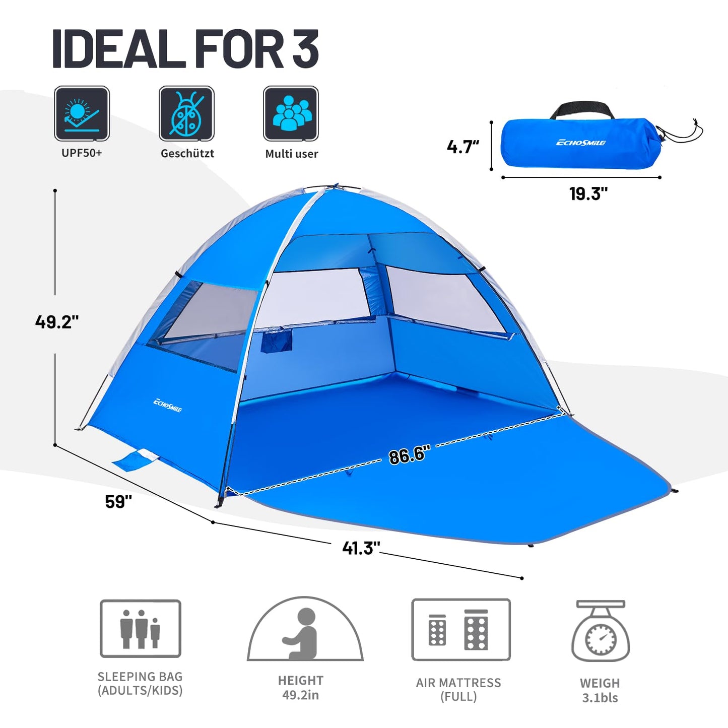 EchoSmile Beach Tent Sun Shelter for 3/4 Person with UPF 50＋ UV Protection, Lightweight & Easy Setup Beach Shade Canopy, Portable Beach Shade Tent Beach Cabana(Dark Blue)