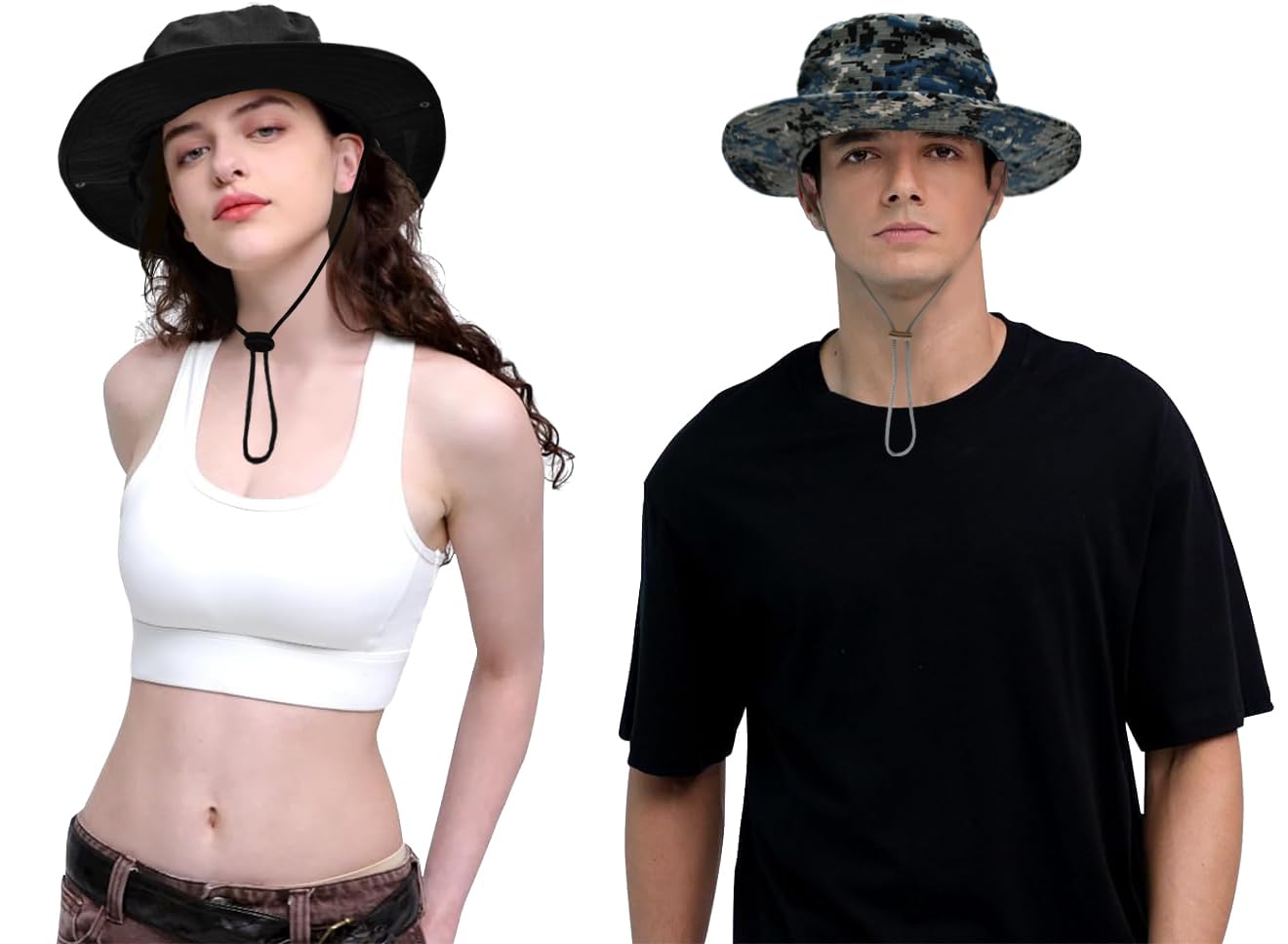 Sun Hats for Men Women Bucket Hat UPF 50+ Boonie Hat Foldable UV Protection Hiking Beach Fishing Summer Safari(2pack-Blue Digitally+Black)