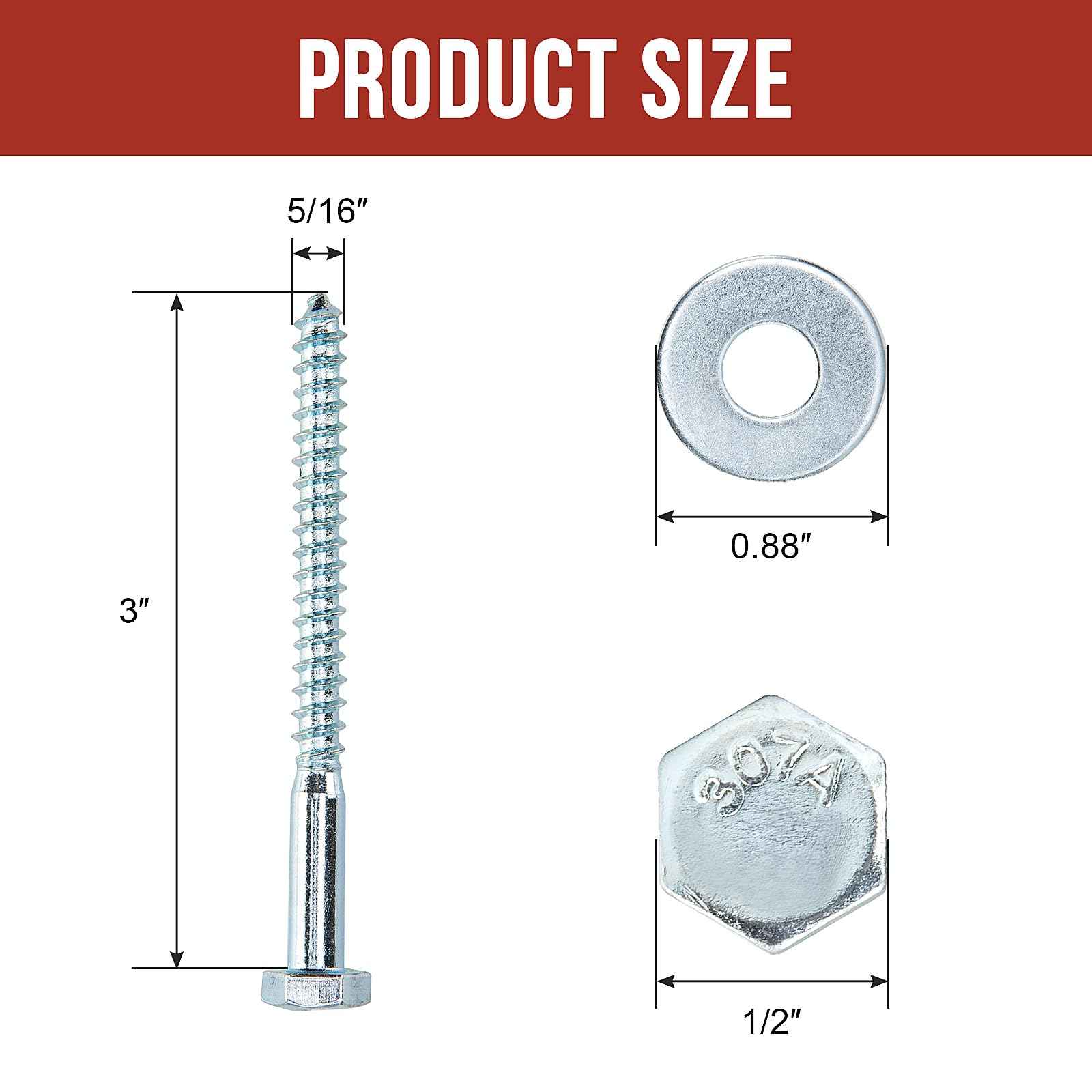 HROMIGRY 5/16" x 3" Lag Bolts (50 Pcs) 5/16 inch Lag Screws for Wood, Heavy Duty Hex Head with Washers, Zinc Plated