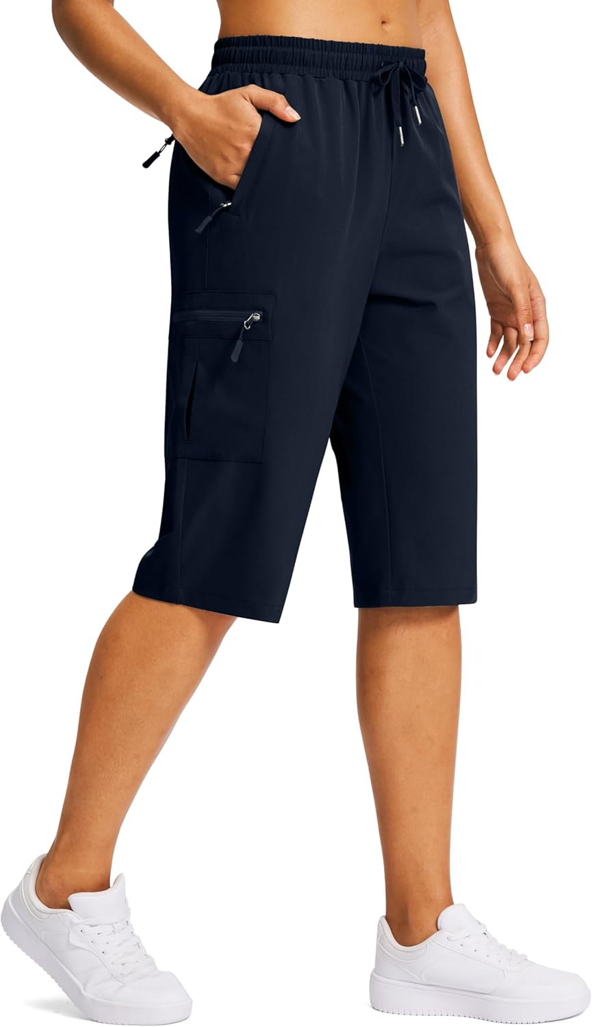 SANTINY Women's 15" Long Cargo Hiking Shorts - Lightweight, Quick-Dry, 5 Zipper Pockets, Knee Length