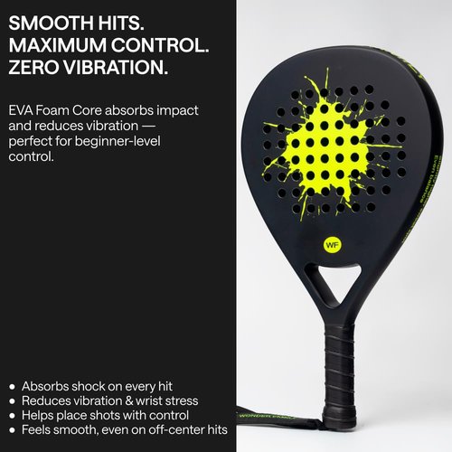 Padel Racket with Overgrip & 2 Wristbands – Memory EVA Foam, Perfectly Balanced – Pala de Padel – Fiberglass Paddle for Beginners and Intermediates – Includes 420D Fiber Bag (Black)