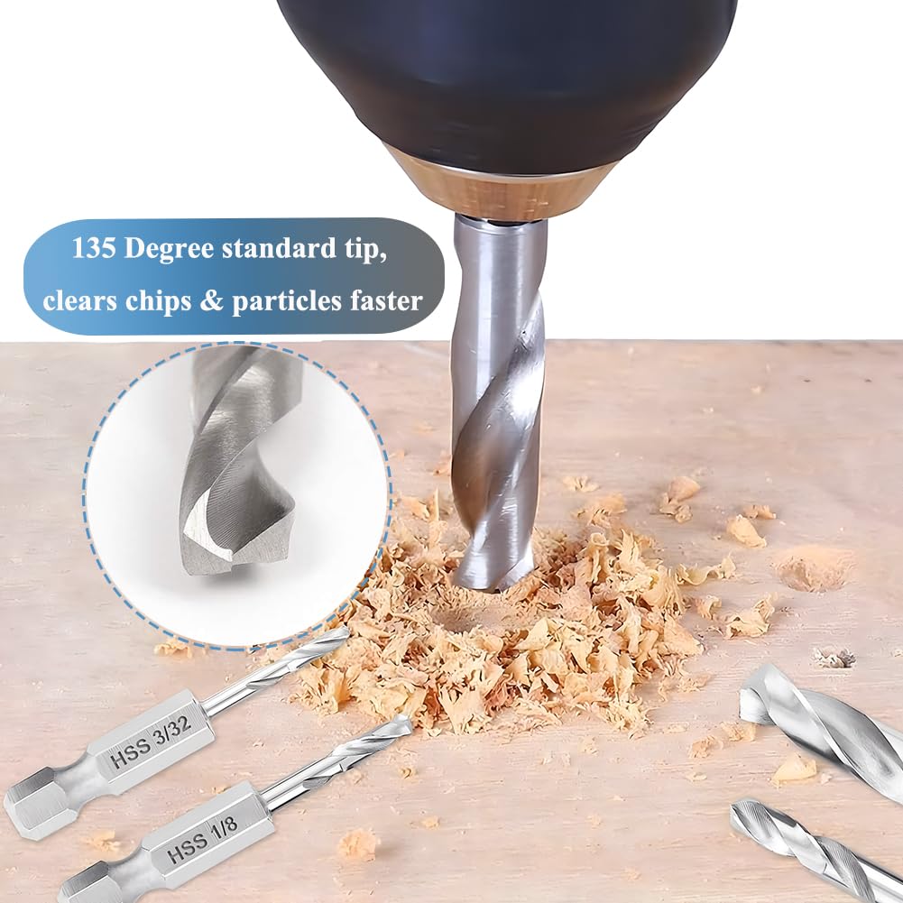 Teocpai 5Pcs 1/4'' Hex Shank Stubby Drill Bit Set for Metal, HSS M2 for Quick Change 3/32, 1/8, 3/16, 1/4, 5/16 Inch