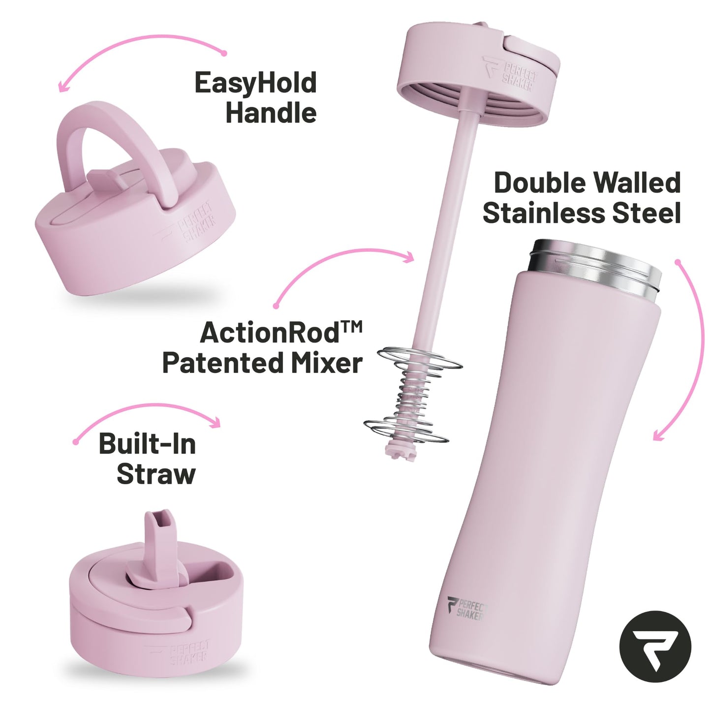 PerfectShaker LUMA Premium Stainless Steel Shaker with Built-in Straw - Double Wall Vacuum Insulated, Leak-Proof, Non-Toxic, ActionRod Mixing – Gym, Fitness & Travel Protein Shaker - 22oz (Blush)