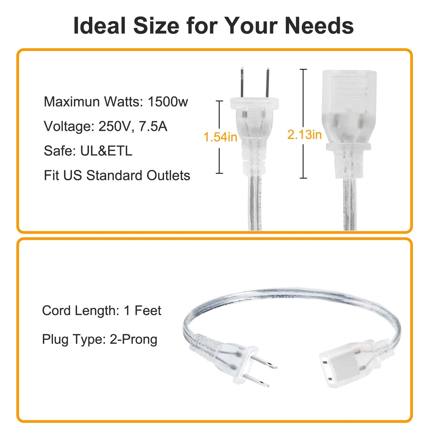 Rkoyes 2 Pack 1 Foot Short Clear Extension Cord Indoor Thin, Single Outlet Plug, Polarized Male-Female, Small Invisible Two Prong Extension Cord 1 FT with UL-Certified, 2 x 18AWG, 250V 7.5A