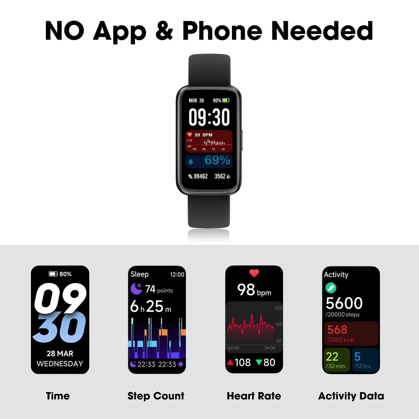Long Battery Pedometer Watch 14 Days Battery Life, Slim Design No App/Phone Required Fitness Tracker, 50 Meters Waterproof Smart Watch, Heart Rate & Blood Oxygen Monitor Step Counter for Men Women