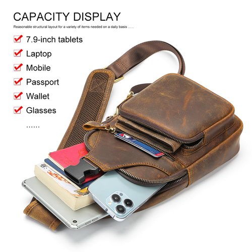NIUCUNZH Genuine Leather Sling Bag Front Metal-Latch Crossbody Bags Handmade Vintage Chest Shoulder Backpack for Women Men Crazy Horse