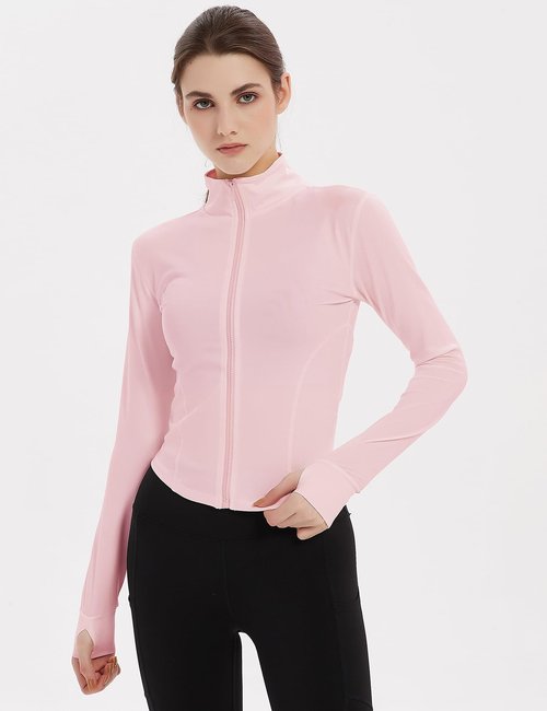 Gihuo Women's Athletic Full Zip Lightweight Workout Jacket with Thumb Holes (US, Alpha, Medium, Regular, Regular, Pink)