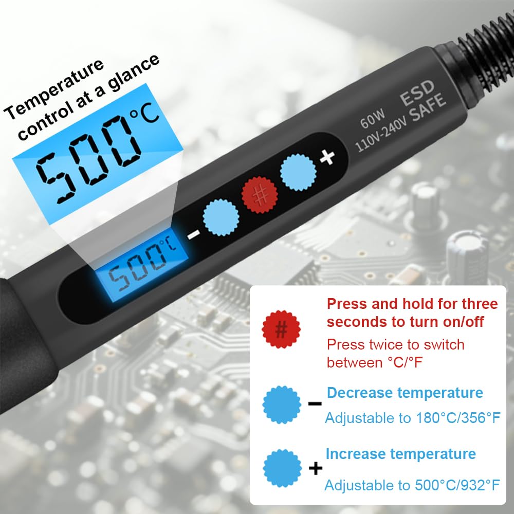 60W Soldering Iron Kit with LED Display – Adjustable Temperature 180-500°C Welding Tools with Tips, Wire, Flux, Desoldering Pump & Storage Case for DIY Electronics, Metal Repair