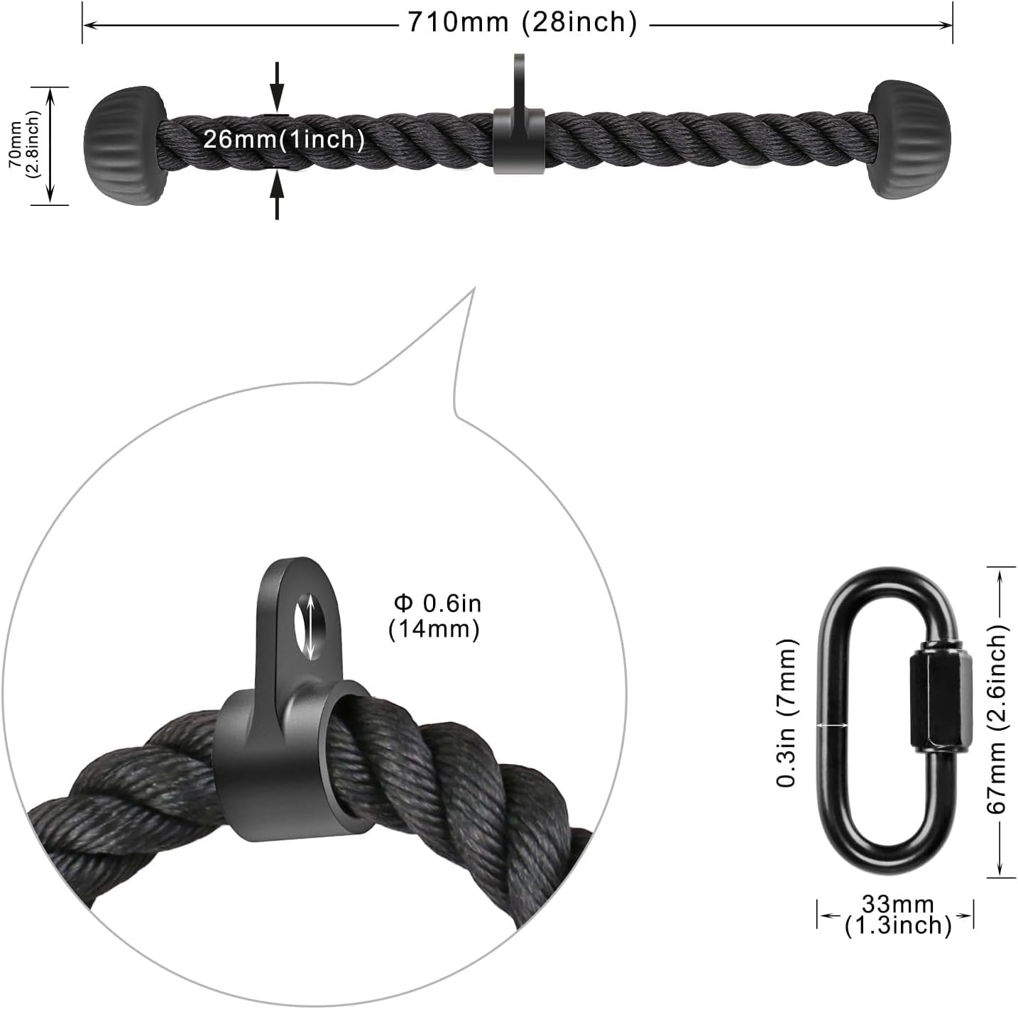 SELEWARE Triceps Rope - Non-Slip Soft Rubber Ends for Home Gym | 28 & 36 Inch LAT Pulldown Attachment in Black & Orange