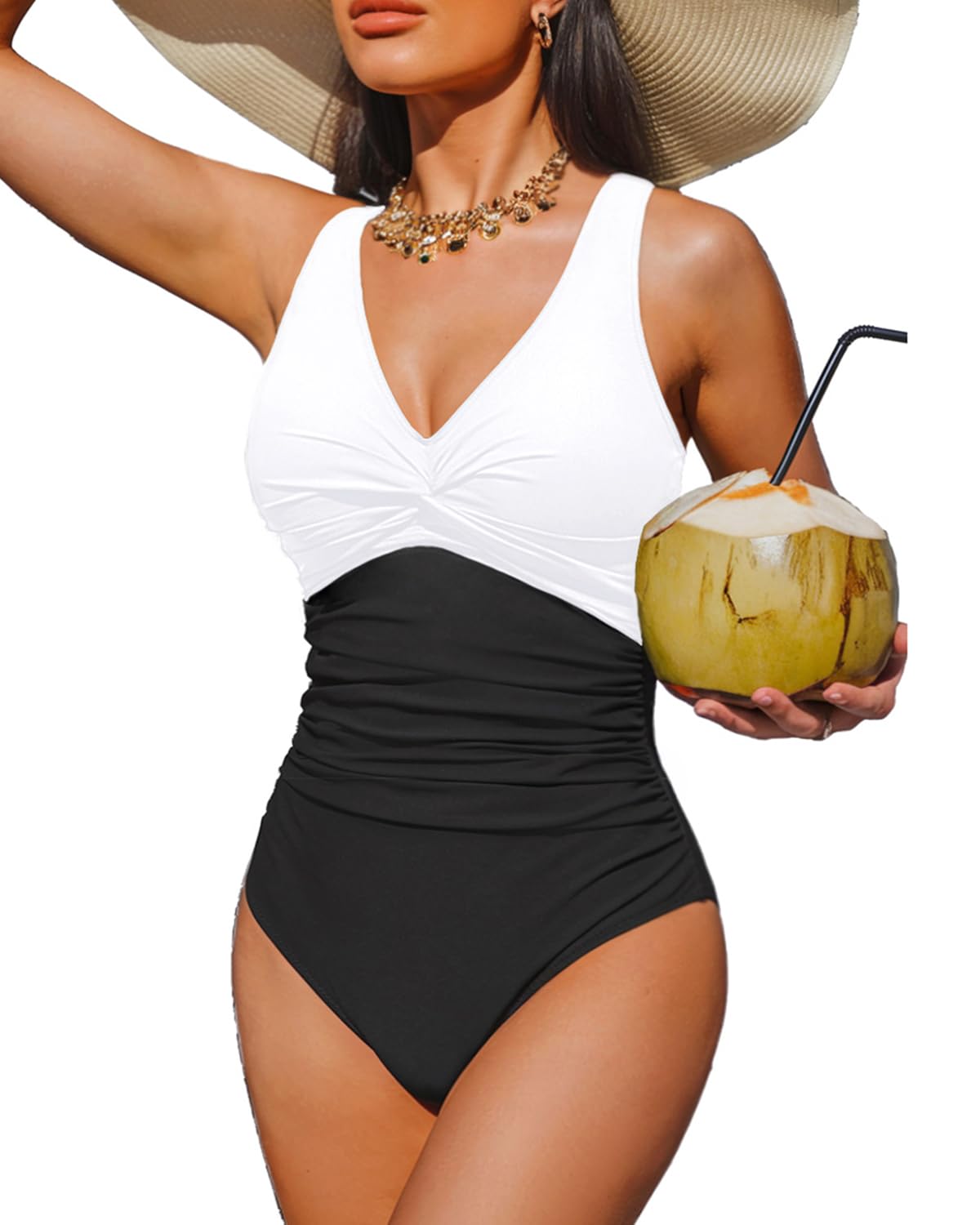 Holipick Black and White Women Tummy Control One Piece Swimsuit - Push Up Bathing Suit Full Coverage Slimming Swimwear S
