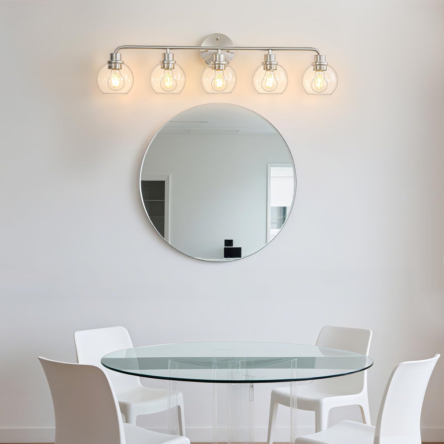 Bathroom Light Fixtures 5 Light Brushed Nickel Vanity Light Silver Modern Wall Sconces Lighting Bathroom Lights with Globe Glass Shade Bath Wall Lights for Mirror Kitchen Living Room Hallway 34.5"