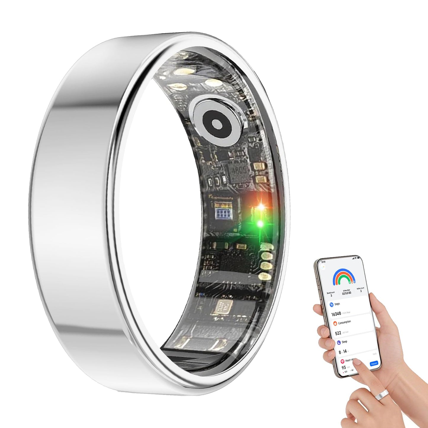 BENIO Smart Health Ring for Women Men Fitness Tracker with Heart Rate, Blood Oxygen, Sleep Monitoring, Step Counting, 5ATM Waterproof for iOS and Android, No APP Fee, Sliver 7.5