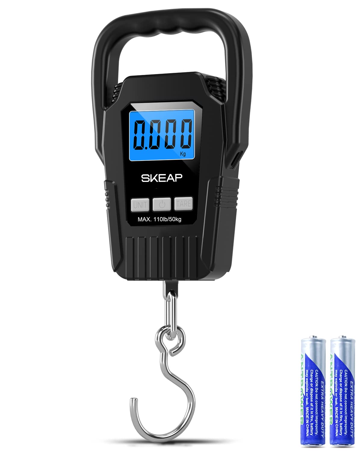 SKEAP Digital Fish Scale - 110lb/50kg Capacity with Backlit LCD Display & Large Handle | Black