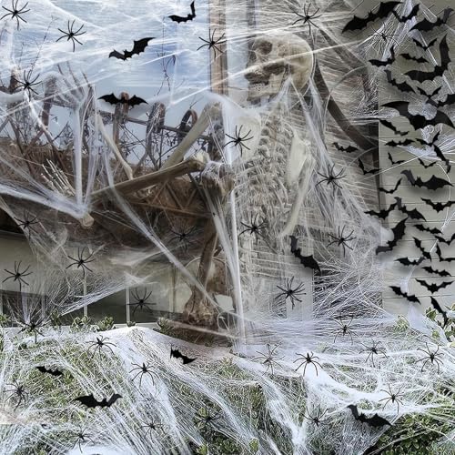 Halloween Spider Web Decorations - 1600 sqft with 100 Fake Spiders & 60 Bats