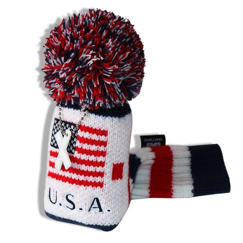 Craftsman Golf US Flag Knit Pom Pom White Blue Red Hybrid Rescue Utility Head Cover Headcover for Callaway Mizuno Cobra Taylormade (Hybrid X Cover)