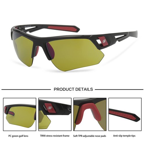 BLAITEJUS HD Golf Sunglasses for Men Women Wrap Semi-Rimless Sports Frame UV Protection Golfing Baseball Shades Sun Glasses (Black/Green T1660B)