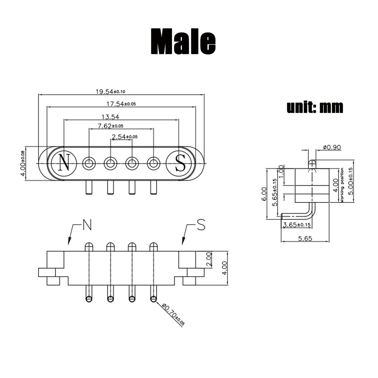 2 Pair Magnetic Bend Pogo Pin Connector, 2/3/4/5/7/8P 2A Pogopin Magnetic Connector Male+Female 2.54/2.5MM Through Holes Spring Loaded Connectors DC Power Socket DC Power Charge Probe Connector (4Pin)