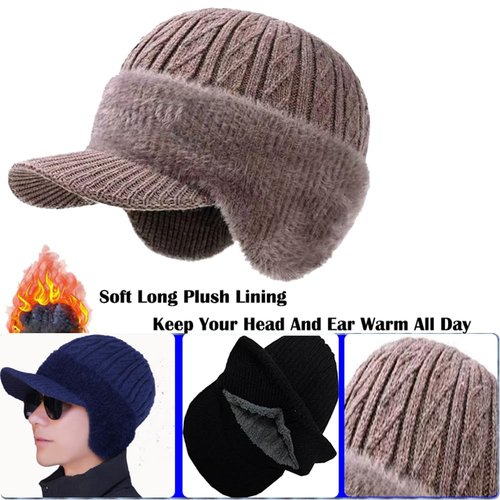JHDESSLY Winter Beanie with Brim Ear Flaps for Men Women, Warm Fleece Lined Knit Hat Stocking Caps for for The Cold Weather Black