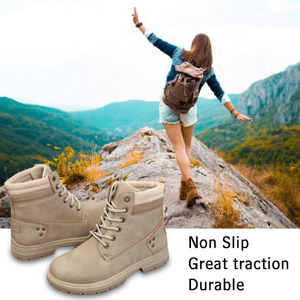 Athlefit Women's Hiking Combat Work Waterproof Boots Lace up Low Heel Booties Ankle Boots Size 7.5 Khaki