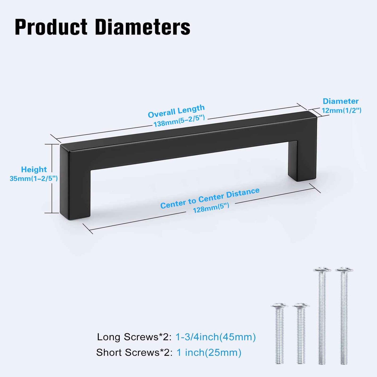 KNOBWELL 50 Pack 5" Matte Black Kitchen Cabinet Handles, 5 Inch (128mm) Hole Distance Closet Handles, 5-2/5 inch (138mm) Overall Length Stainless Steel Black Pulls for Cabinets