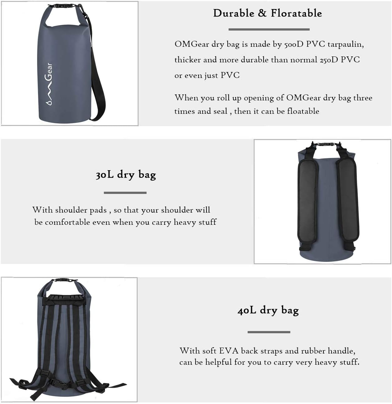 OMGear Waterproof Dry Bag Backpack - Floating Phone Pouch for Kayaking & Outdoor Activities | 40L/30L/20L/10L/5L