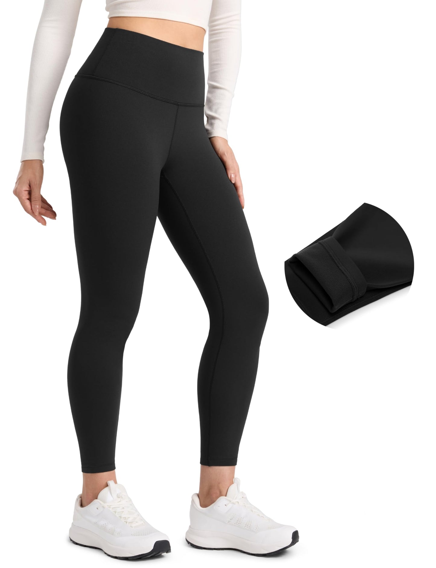 CRZ YOGA Womens Fleece Lined Leggings 25'' - Matte Winter Warm Thermal High Waisted Pants Casual Lounge Yoga Workout Black Small