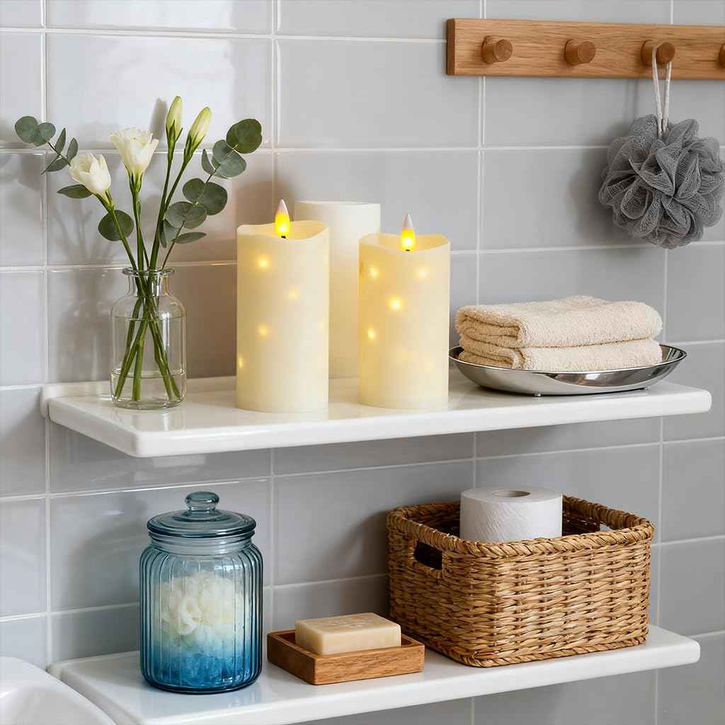 Lezonic Flameless Waterproof Outdoor Candles with Flickering Dancing Flame, 4Pcs Battery Operated Candles with Remote, Ivory LED Pillar Built-in String Lights for Patio Wedding Decor, 3.25" x 6"