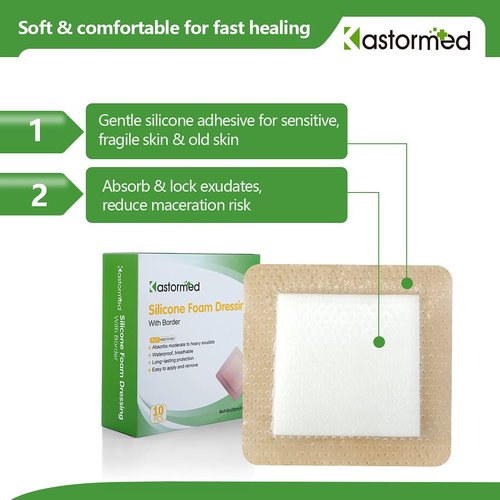 kastormed Silicone Adhesive Foam Dressing with Gentle Border 4''x4'' 10 Pack, High Absorbency Foam Wound Bandage for Bed Sore, Leg Ulcer, Diabetic Ulcer