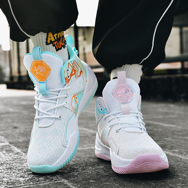 KIUSMETY 9 Women / 8 Men Green Pink High Top Basketball Shoes – Breathable Non Slip Outdoor Sneakers