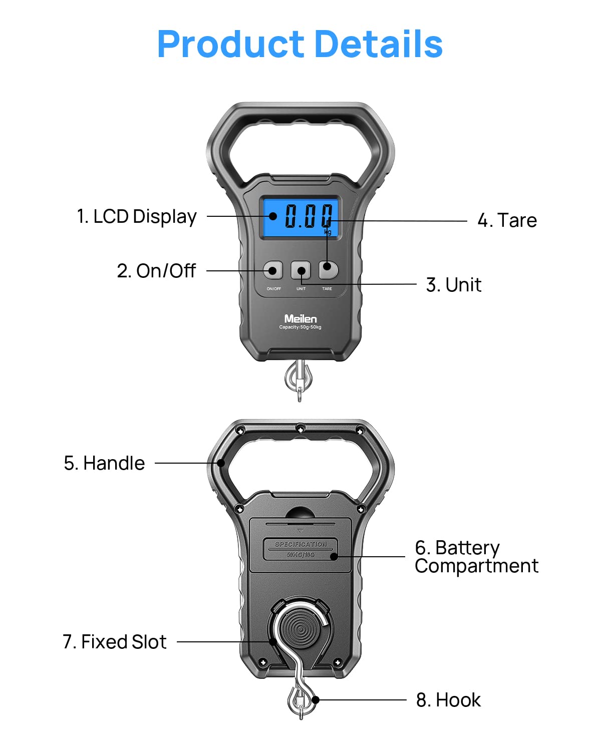 Meilen Fishing Scale - 110lb/50kg Digital Luggage Weigh Scale with Backlit LCD Display | Ideal for Travel