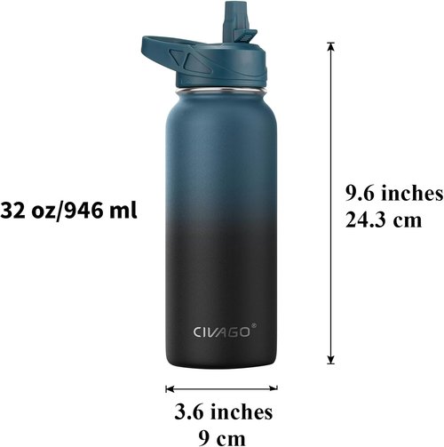 CIVAGO 32 oz Insulated Water Bottle - Stainless Steel Sports Flask with 3 Lids | Classic Ombre Gray