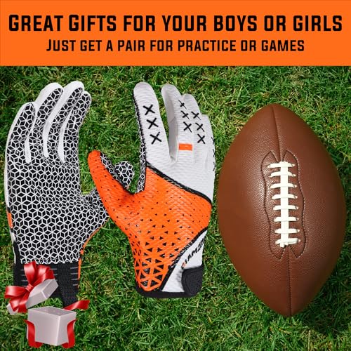 GIAMZONP Youth Football Gloves Orange & White Medium – Sticky Grip Kids Receiver Gloves