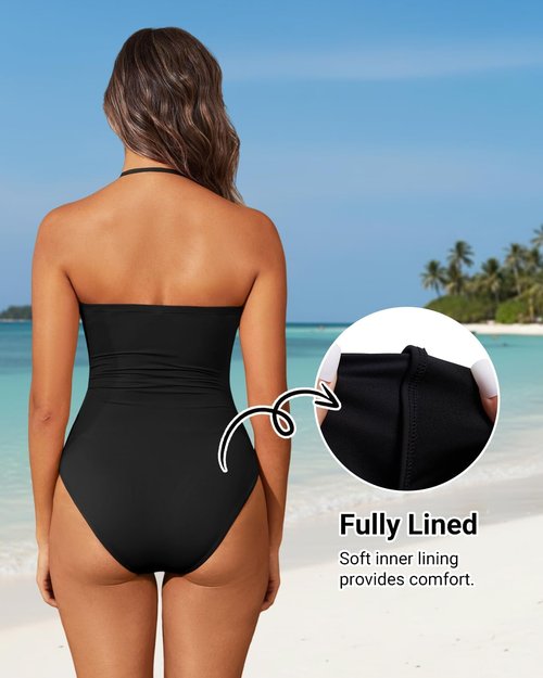 Holipick One Piece Swimsuit - Tummy Control Strapless Bandeau Design | Slimming Halter Bathing Suit