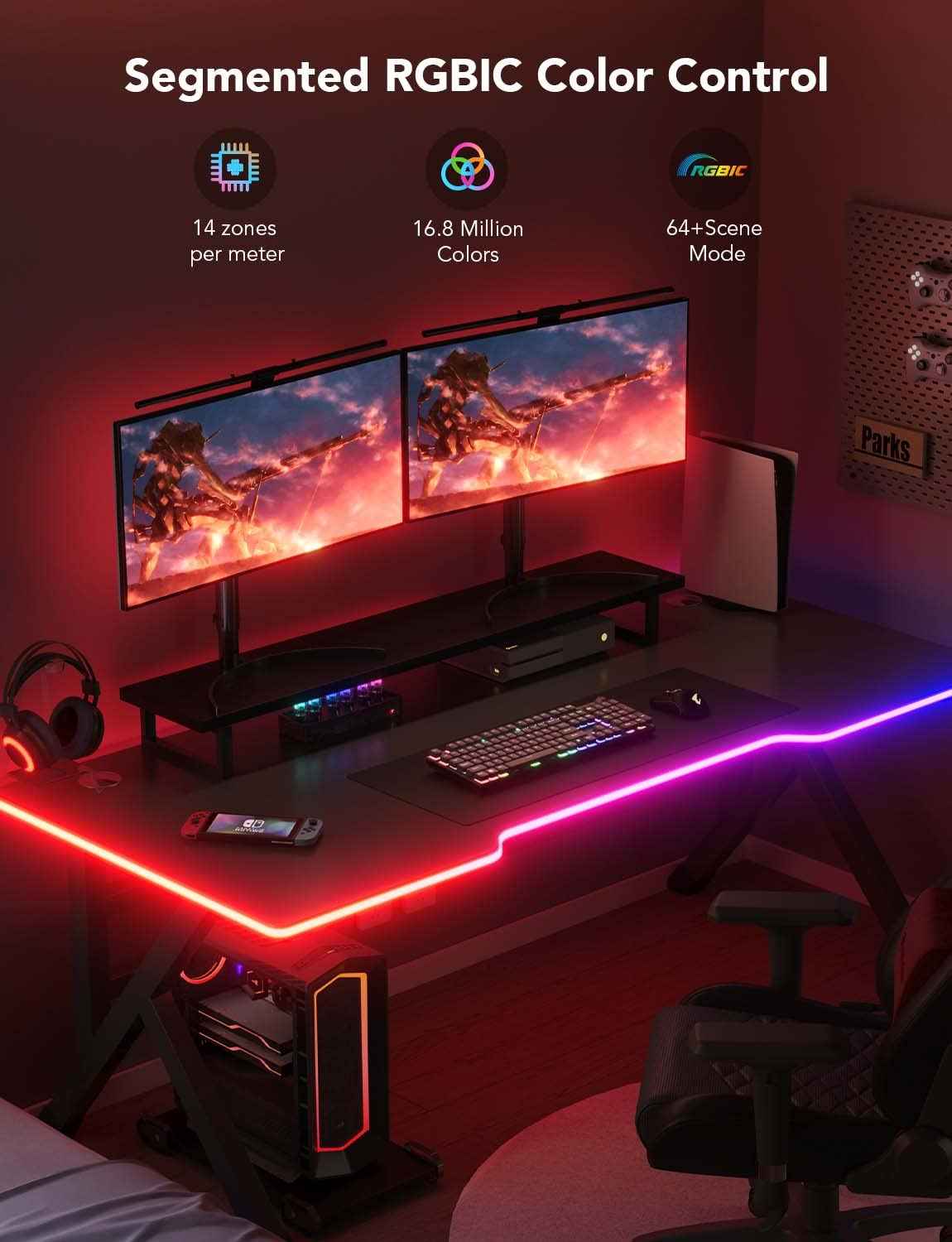 Govee RGBIC Gaming Lights, 10ft Neon Rope Lights Soft Lighting for Gaming Desks, LED Strip Lights Syncing with Razer Chroma, Support Cutting, Smart App Control, Music Sync, Adapter (Only 2.4G Wi-Fi)