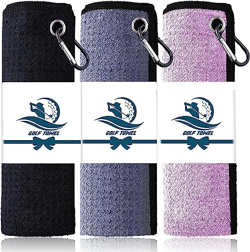 Golf Towel Set with Clip - 3 Pack in Black, Gray & Purple