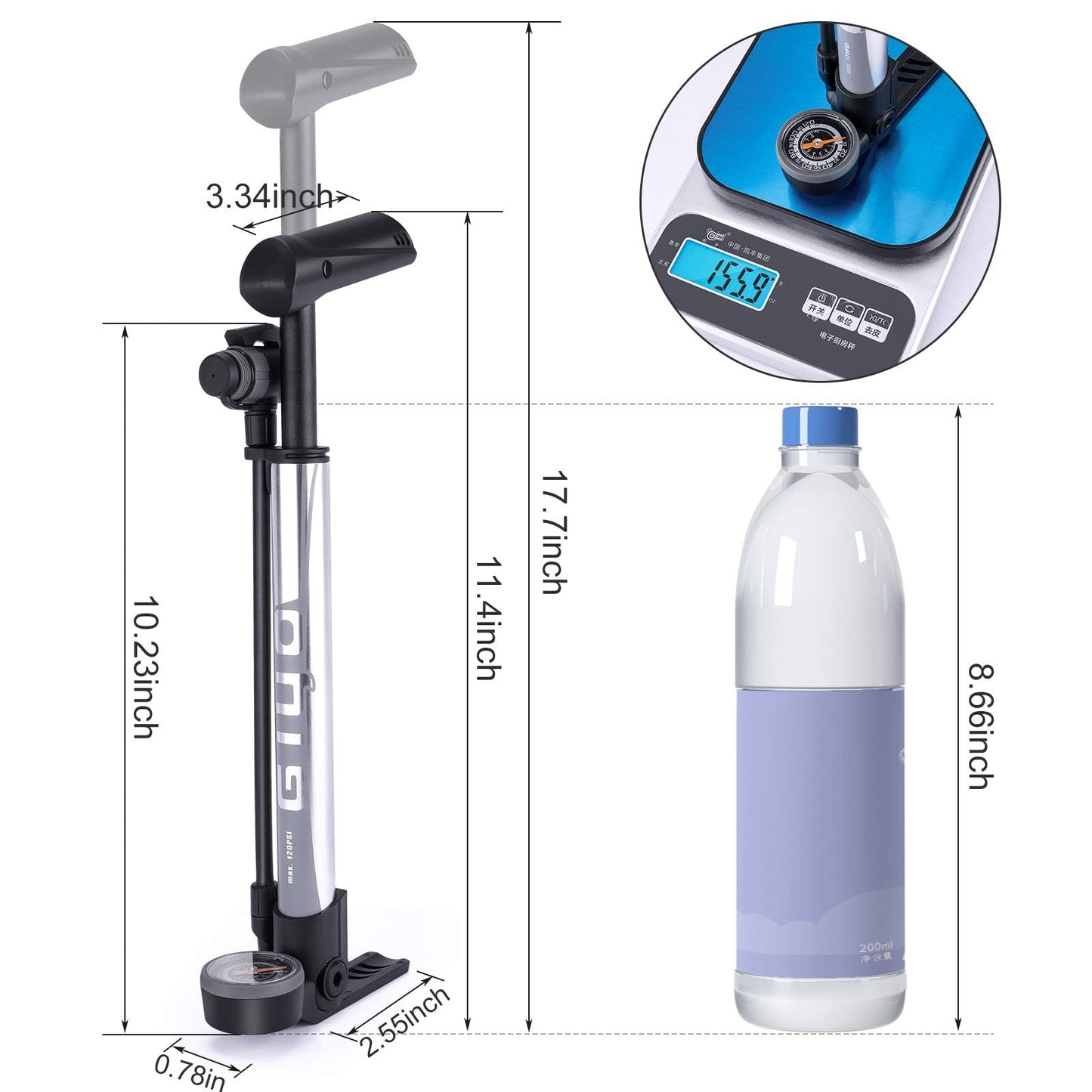 Mini Bike Pump with Gauge - Portable Bicycle Tire Pump - 120 PSI Bike Air Pump fits Presta & Schrader & Dunlop Valve - Road MTB Bike Pump Comes with Mounting Bracket (Black Grey) (Silver)