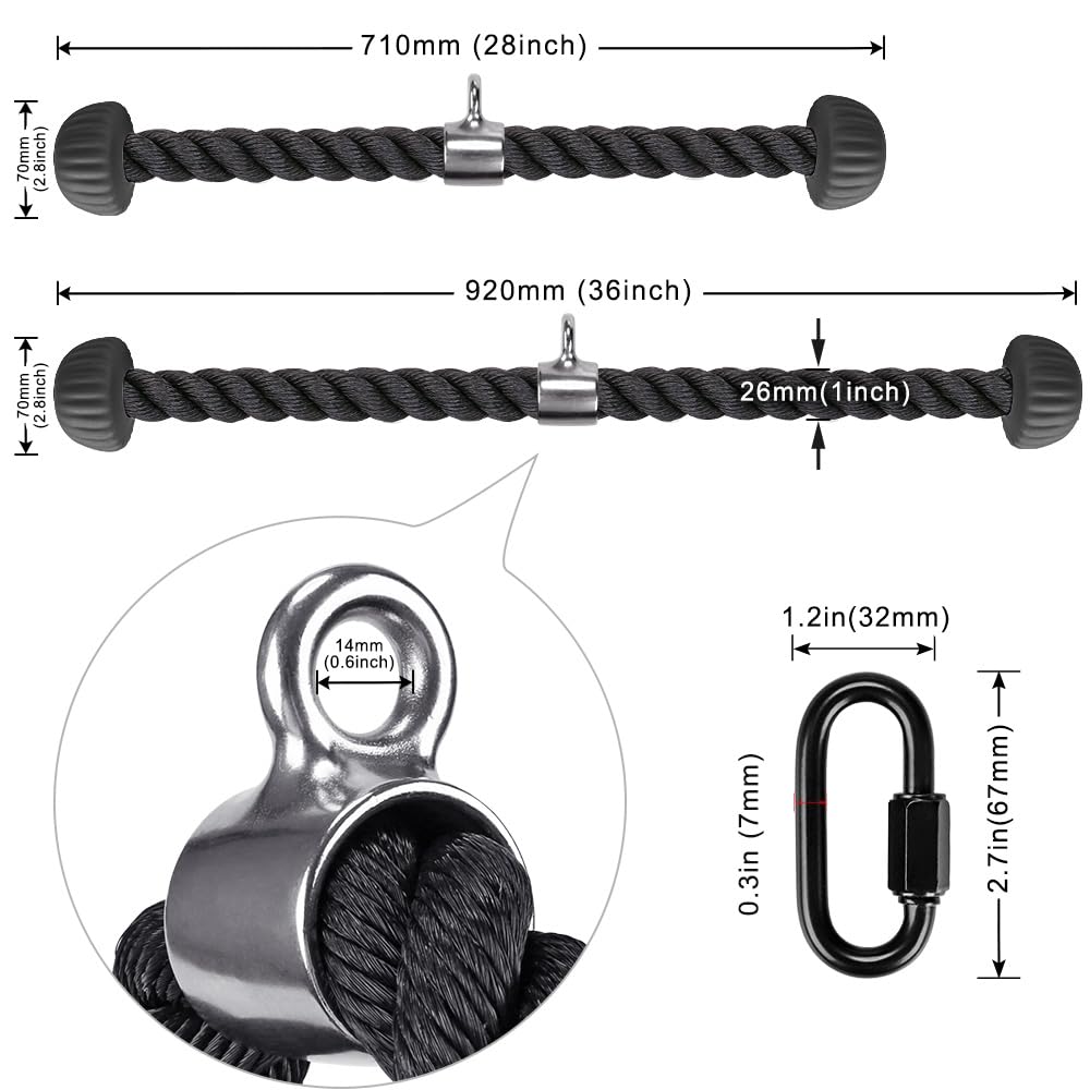 Kipika Set of 2 Tricep Rope, 28 & 36 Inch, Cable Machine Attachments Pulley System Gym Pull Down Rope, Heavy Duty Nylon Rope with Soft Rubber Ends, Black