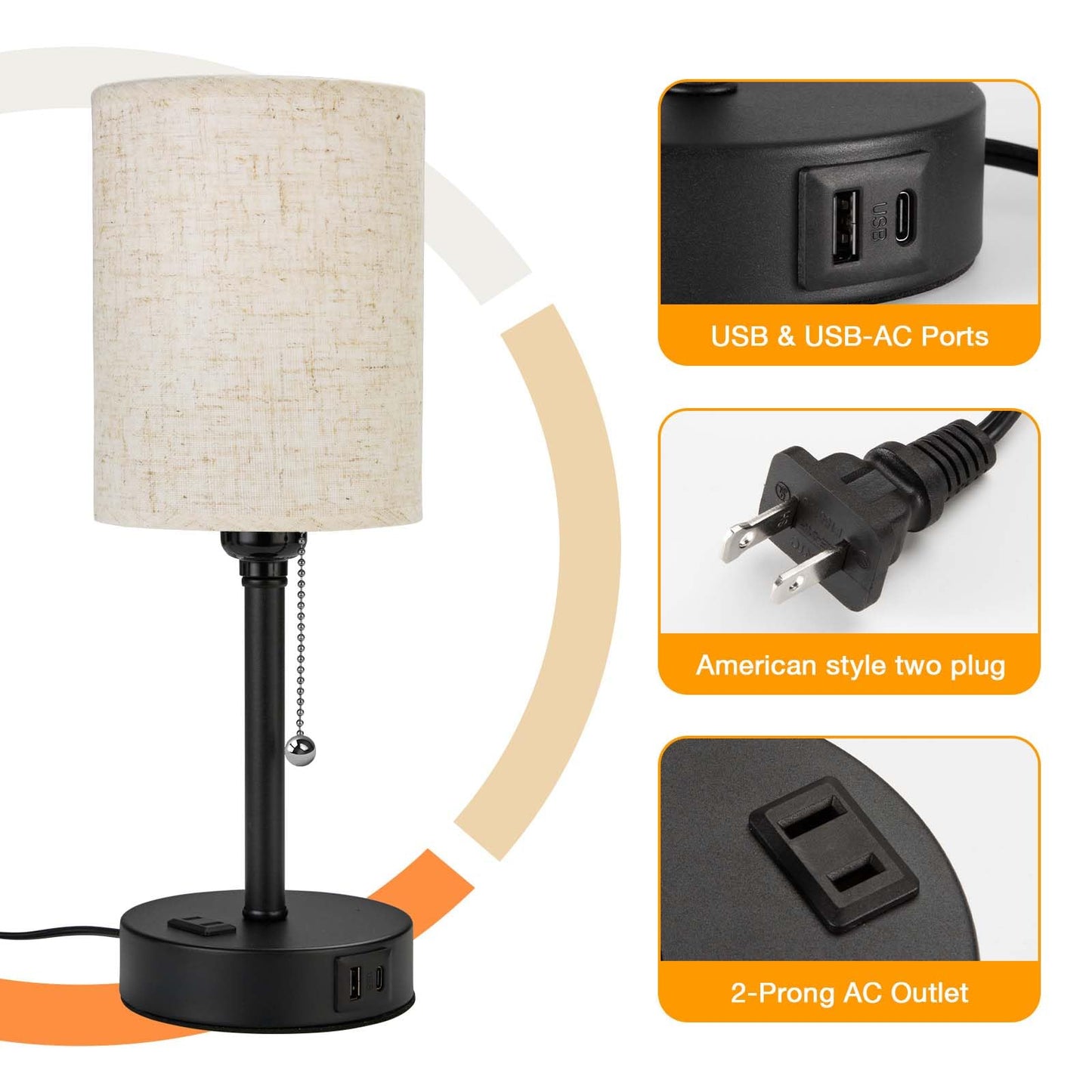 Small Bedside Table Lamp for Nightstand with USB & Outlet, 3 Color, Matte Black, Beige Lampshade (LED Bulb Included)
