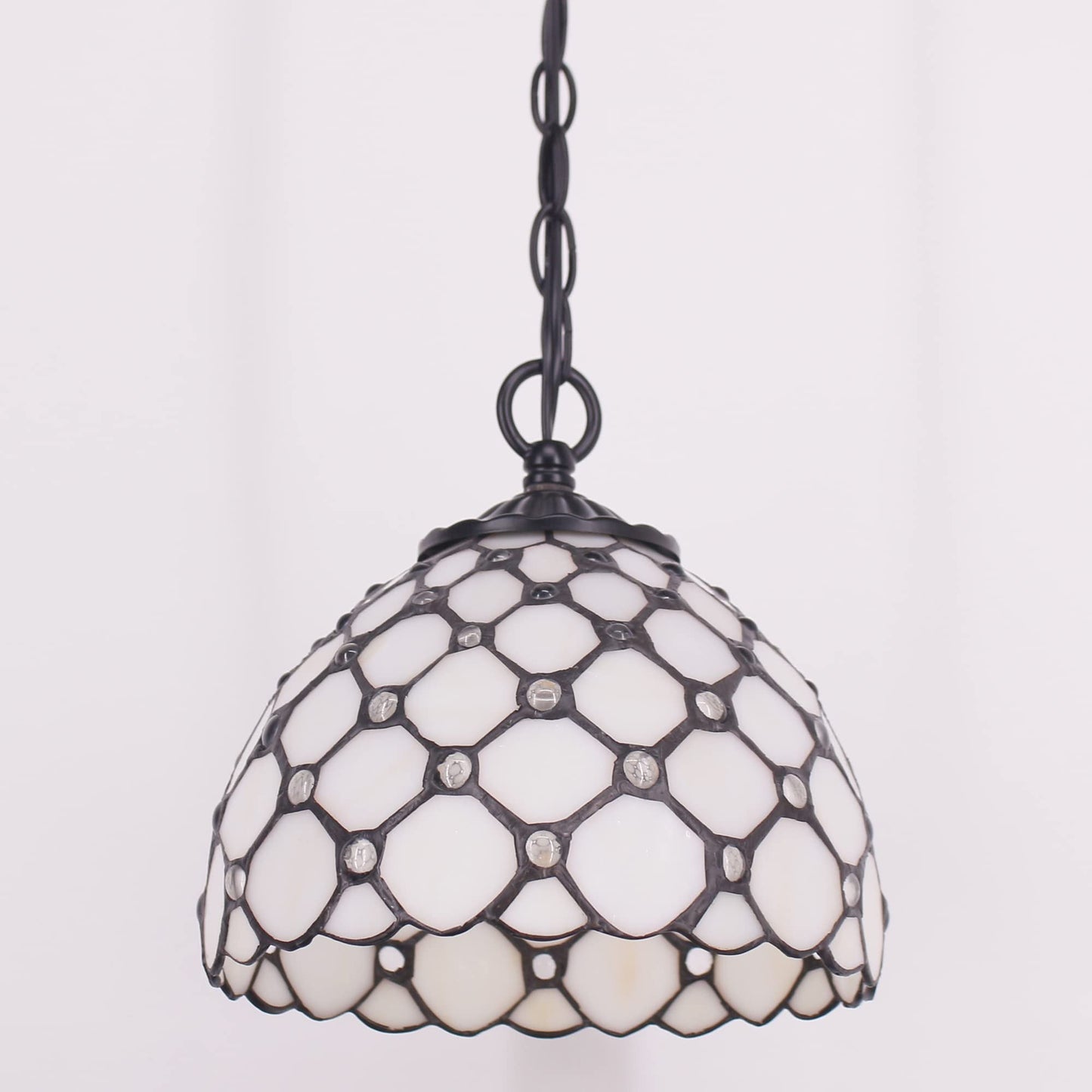 Small Tiffany Pendant Light 8 inch Tiffany Style Stained Glass Pendant Hanging Lamp Small Vintage Hanging Light Fixtures for Home Living Room Restaurant Hallway (White Amber Pearl Beads Style)