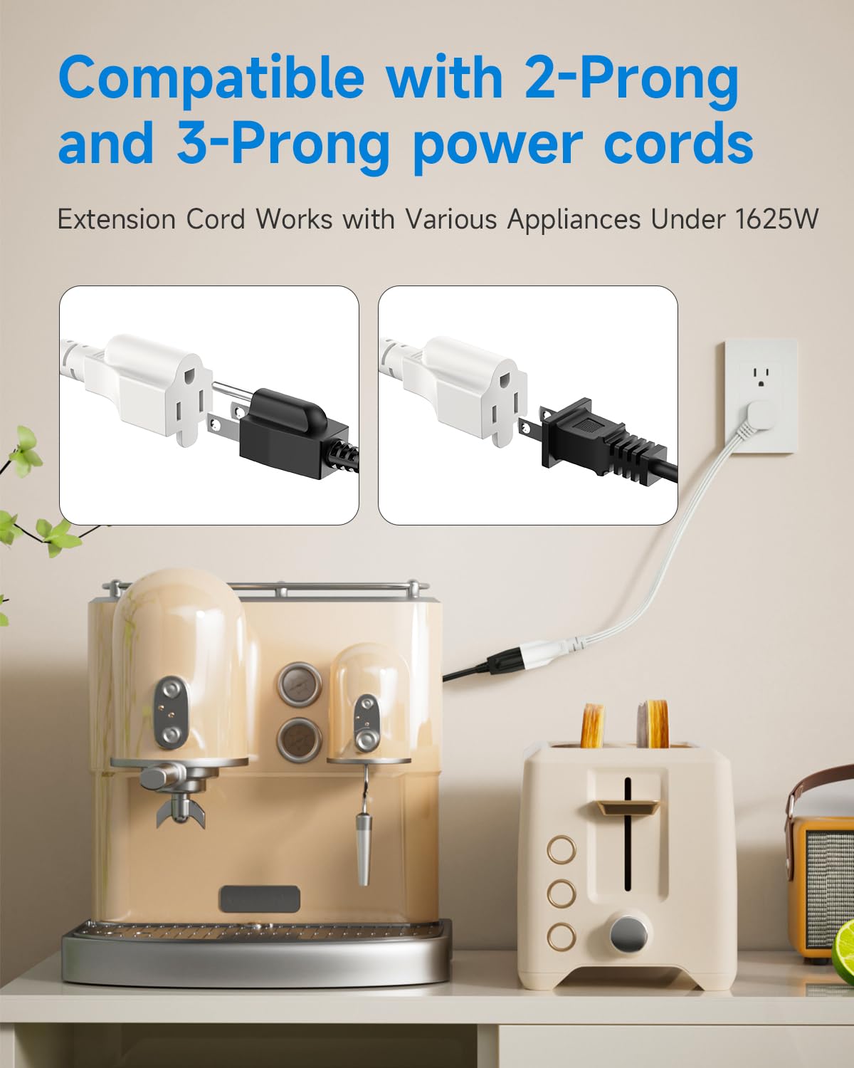 Flat Plug Short Extension Cord 1Ft White Low Profile Adapter 3 Prong Indoor Small Grounded Power Cable Outlet Saver 16AWG 13A 1625W 2 Pack