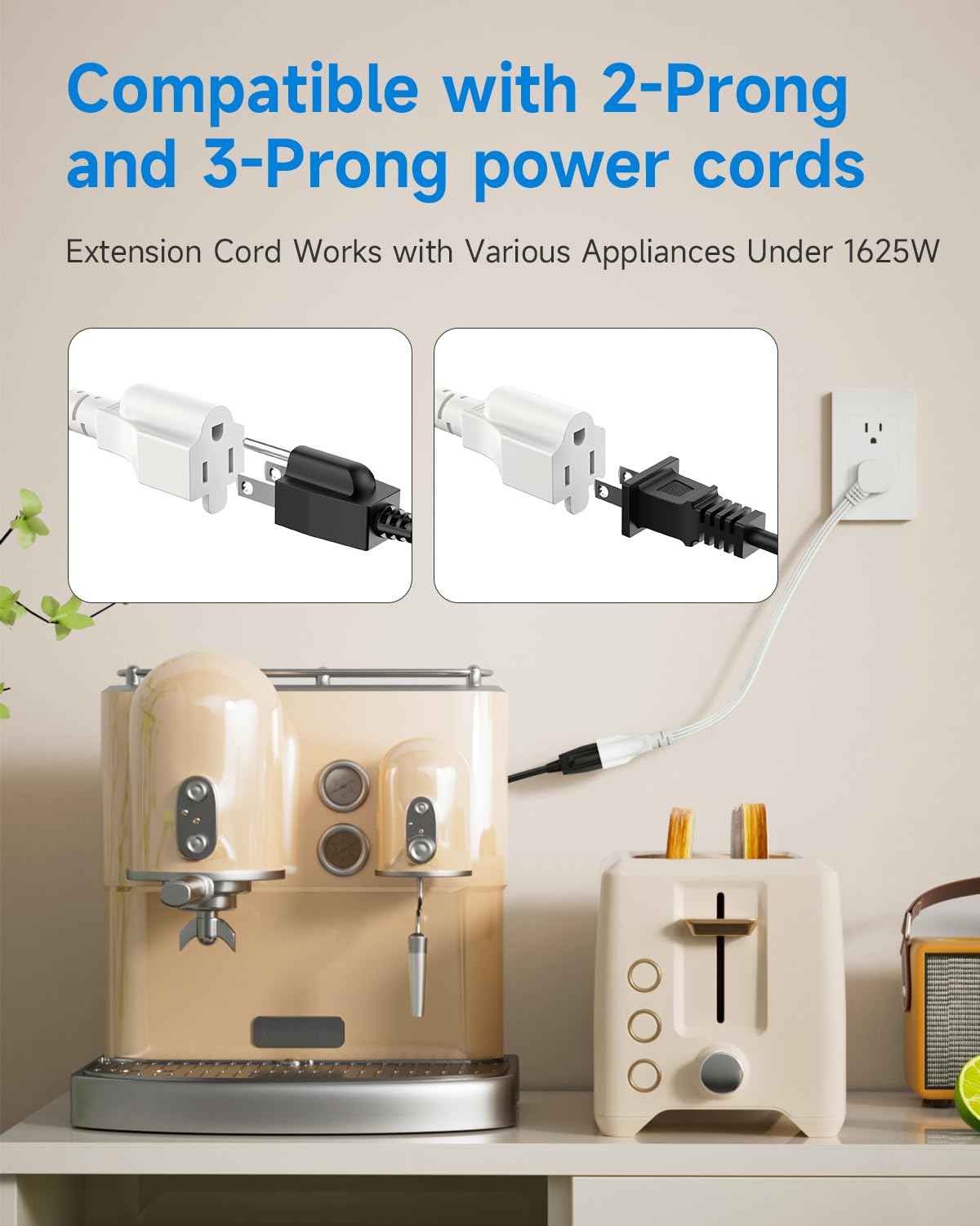 Flat Plug Short Extension Cord 1Ft White Low Profile Adapter 3 Prong Indoor Small Grounded Power Cable Outlet Saver 16AWG 13A 1625W 6 Pack