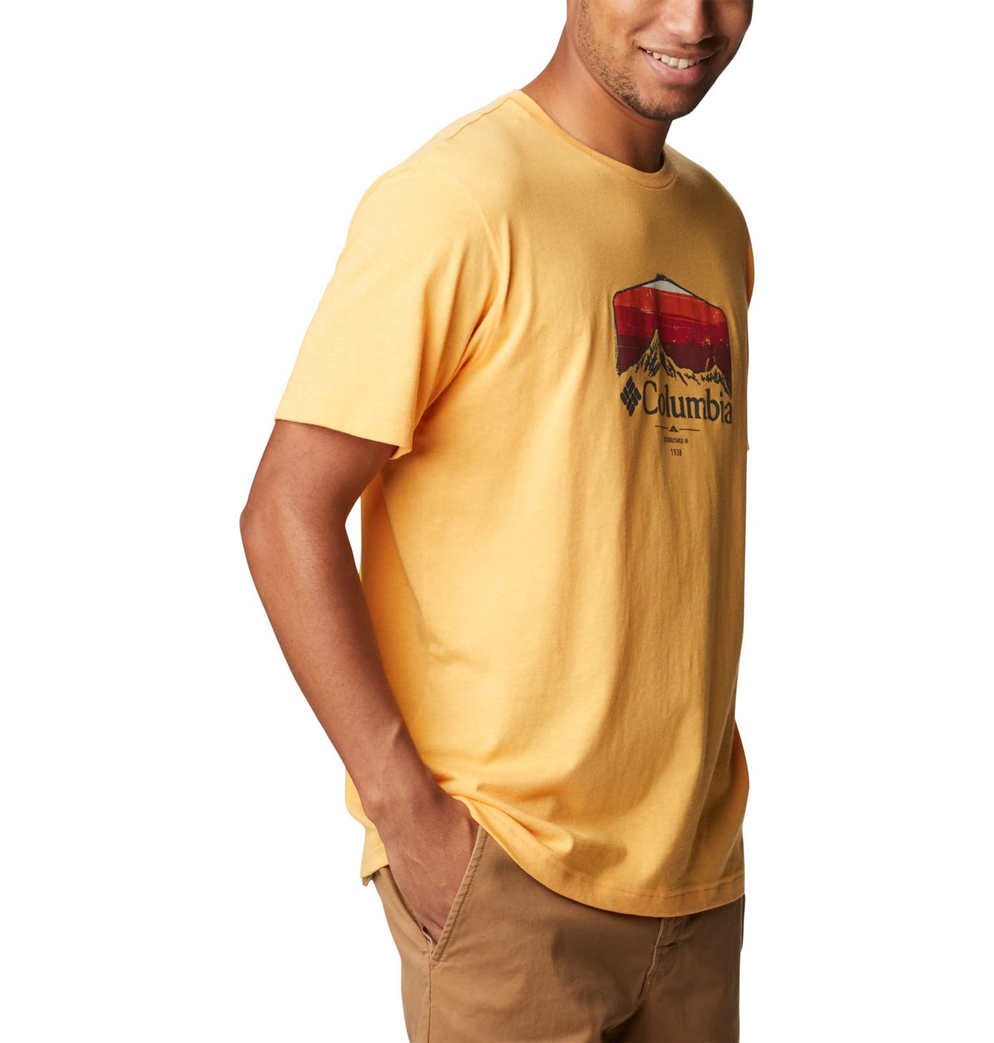 Columbia Men's Thistletown Hills Graphic Short Sleeve, Mango Heather/Hikers Graphic, Medium
