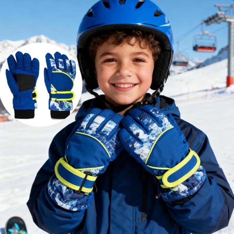 Kids Winter Ski Gloves - Windproof Water-Resistant Warm Mittens - Blue, Medium