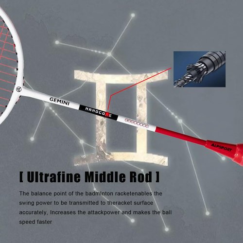 ALPSPORT Gemini 4U G5 Graphite Badminton Rackets Sets of 2, Composite Carbon Fiber Racquets with 1 PVC Bag, 2 Tied Grips Tapes, Padel Raket for Sports Training (Red)