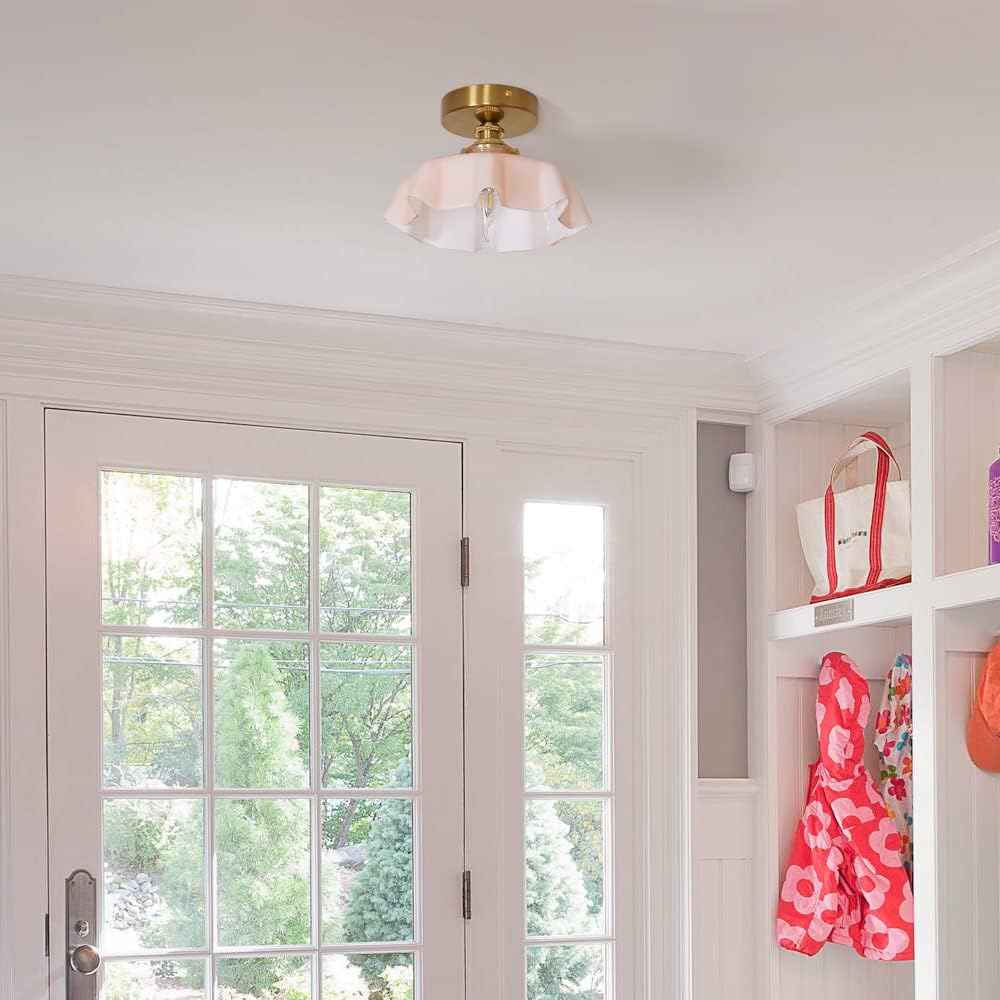 Vintage Pink Flush Mount Ceiling Light - Brass Semi-Flush Fixture with Flower Glass Shade for Small Rooms & Hallways