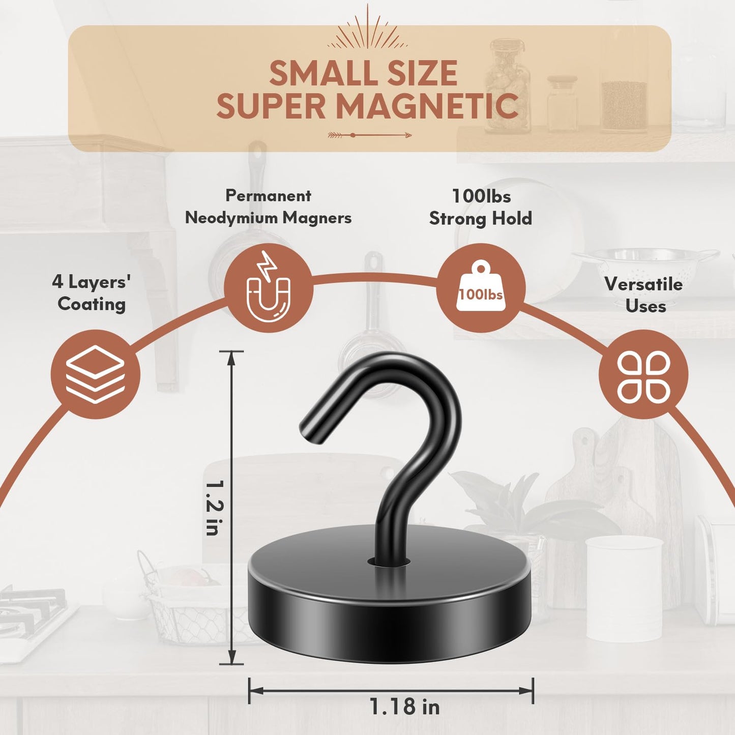 Neosmuk Magnetic Hooks Heavy Duty,100lb Super Strong Magnet with Hooks for Cruise Cabins, Large Metal Hooks for Hanging on Fridge,Extra Strong Magnet Hanger for Ship Walls, Matte Black 6 Pack