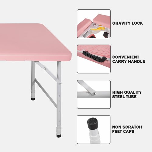 SculPong 4 FT Folding Table with Carry Handle, Portable Fold-in-Half Plastic Table, Rectangle Foldable Table for Indoor/Outdoor Pink